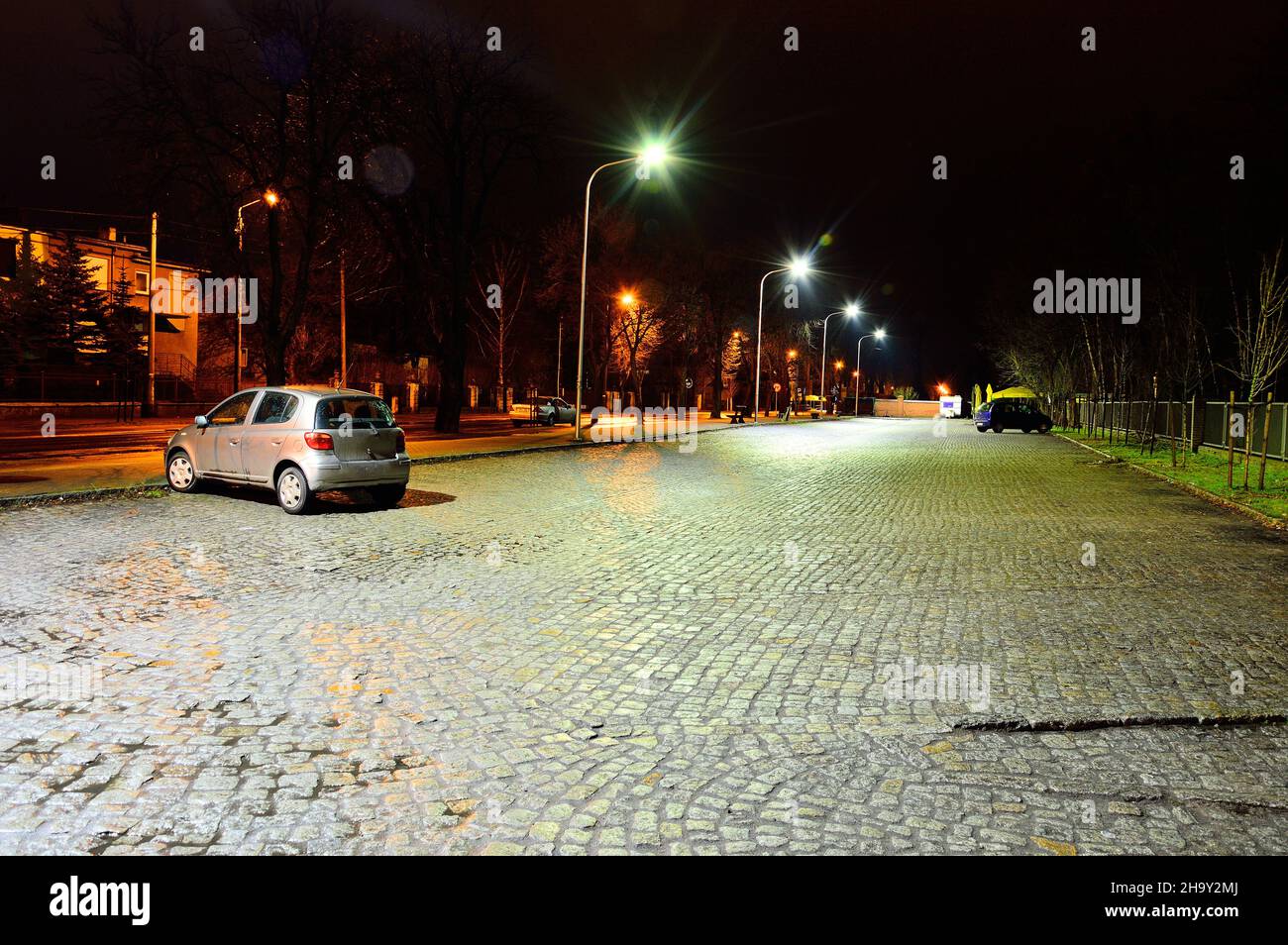 Strade dopo la pioggia in una città notturna illuminata da luci di strada. Pioggia. Foto Stock