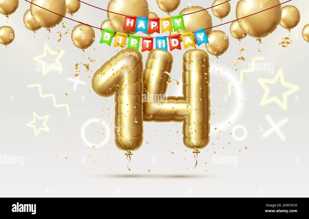 Buon Compleanno 14 Anni Anniversario Della Persona Compleanno, Palloncini In Forma Di Numeri Dell Anno Illustrazione Vettoriale 2h9y5ch