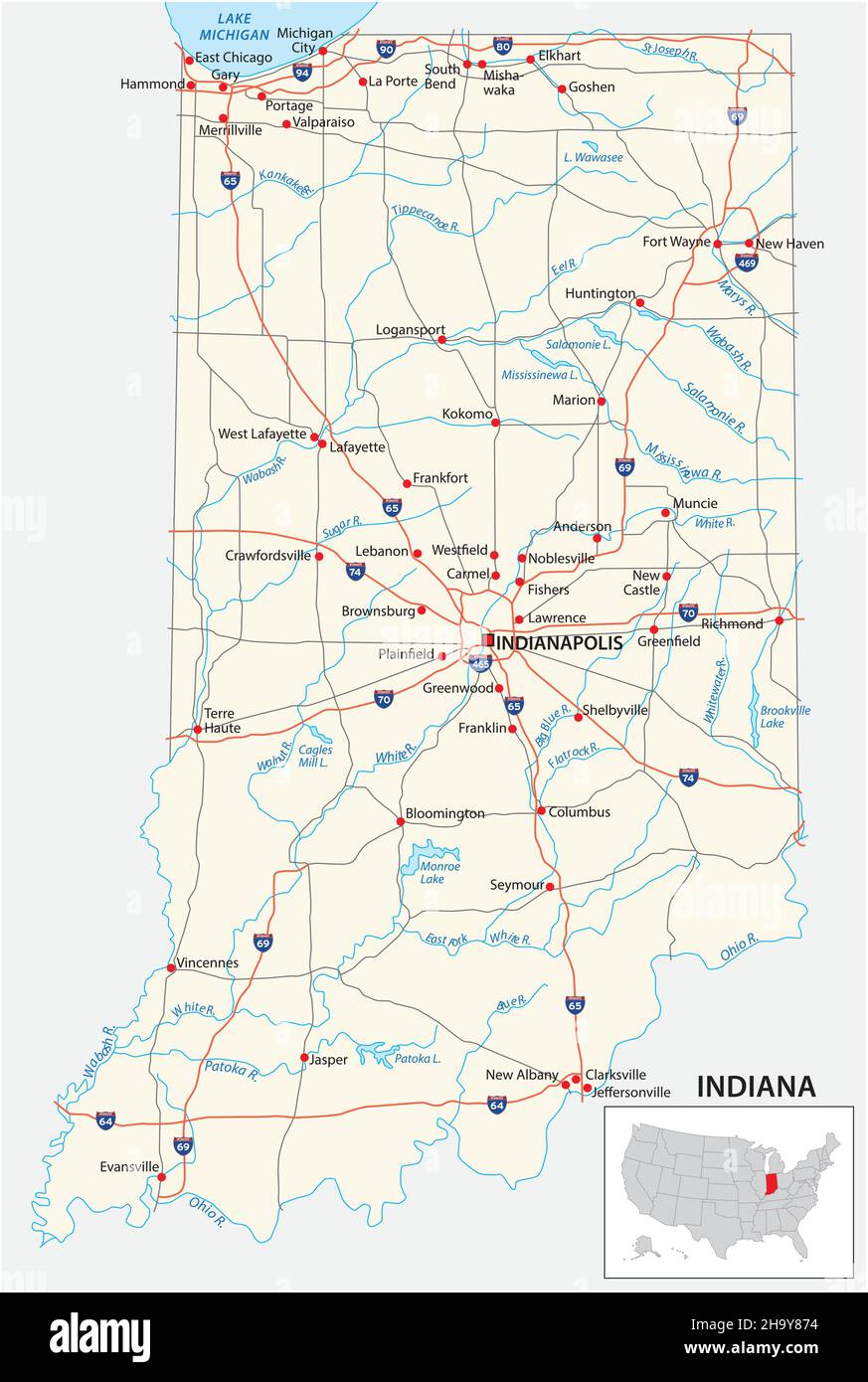 Mappa stradale dello stato americano dell'indiana Illustrazione Vettoriale