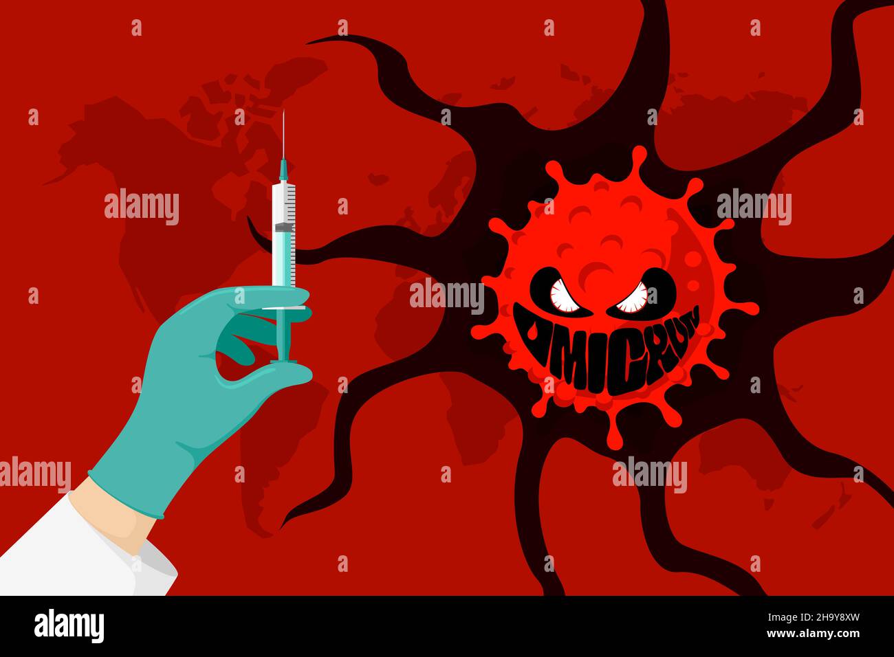 Nuova variante del coronavirus del ceppo omicron COVID-19. Concetto di attacco allerta mondiale. Epidemia mutata del virus corona e epidemia di infezione respiratoria. Vaccino in mano del medico. Illustrazione vettoriale Illustrazione Vettoriale