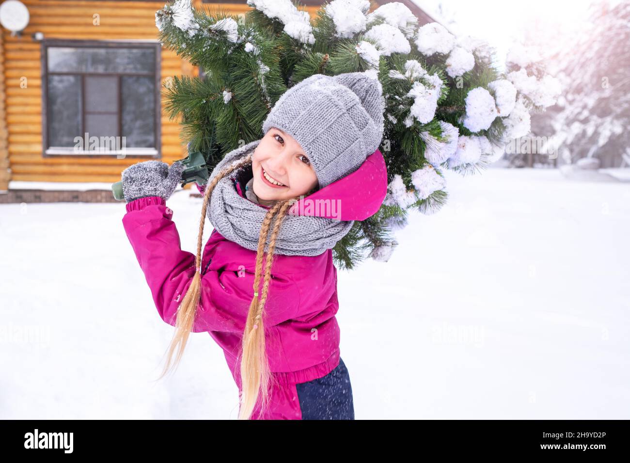 Una ragazza felice di 10-11 anni in abiti invernali porta un albero di Natale nevoso ad una casa di tronchi per decorare per la vacanza, guardando indietro, sorridendo Foto Stock