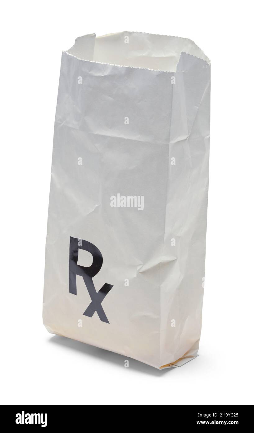 Aprire Full RX Prescription Bag Cut out on White (taglio sacca di prescrizione Rx completa su bianco). Foto Stock