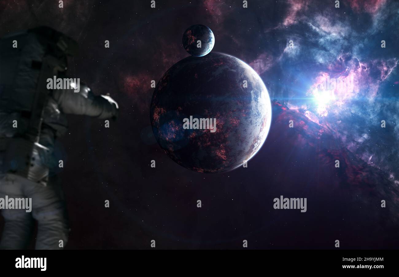 Pianeti abitati di spazio profondo. Astronauta fuori fuoco Foto Stock