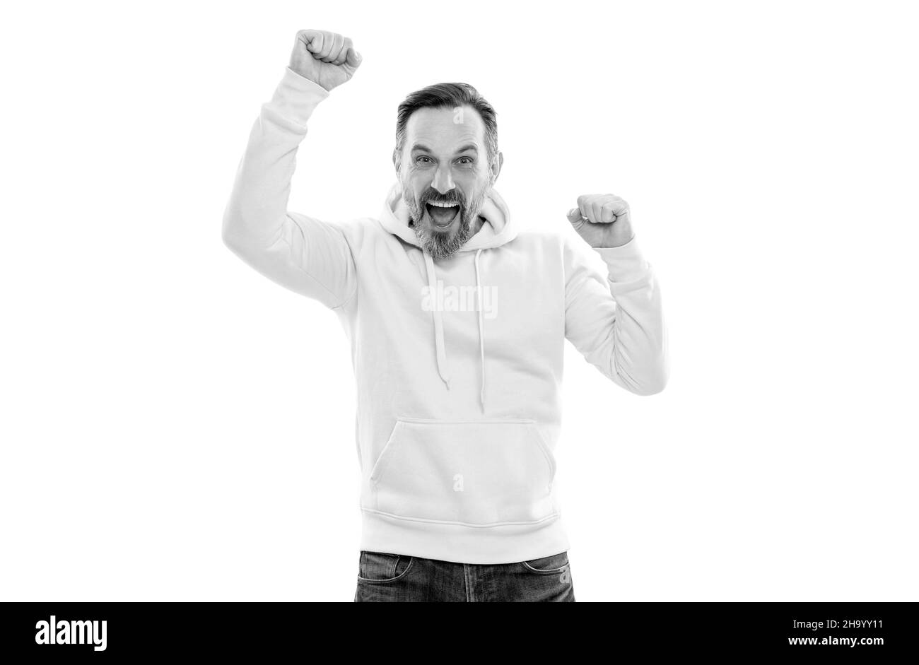 sono così felice. emozioni umane. uomo felice maturo con barba. ragazzo anziano che celebra il successo Foto Stock