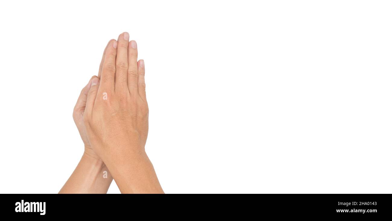 Pagare la postura di obbedienza delle mani. Concetto di religione buddista. Isolato su bianco. Foto Stock