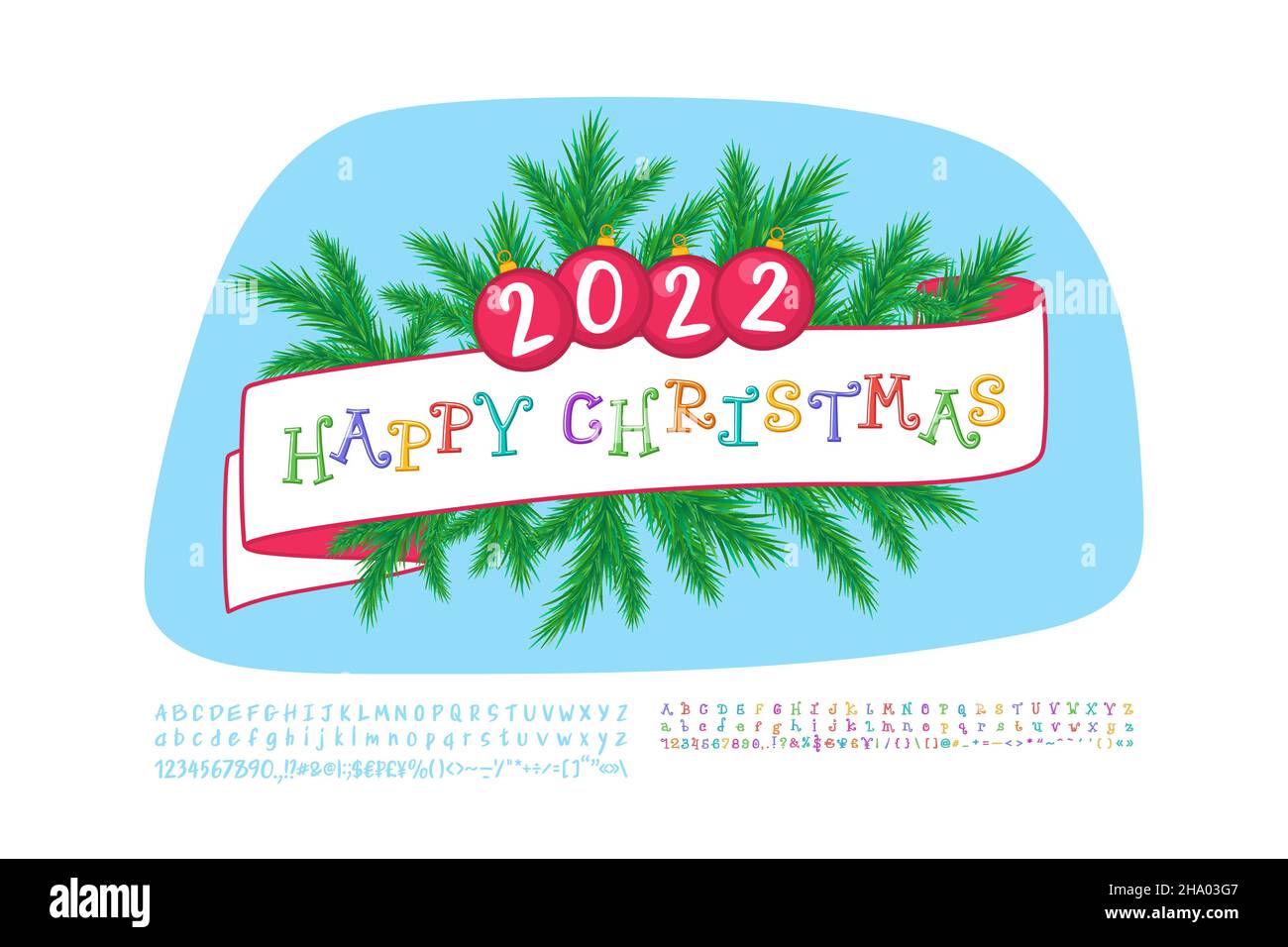 Natale sfondo decorazione buon Natale con ricci multicolore lettere stile cartoon. Sono inclusi due set di font vettoriali. Illustrazione Vettoriale