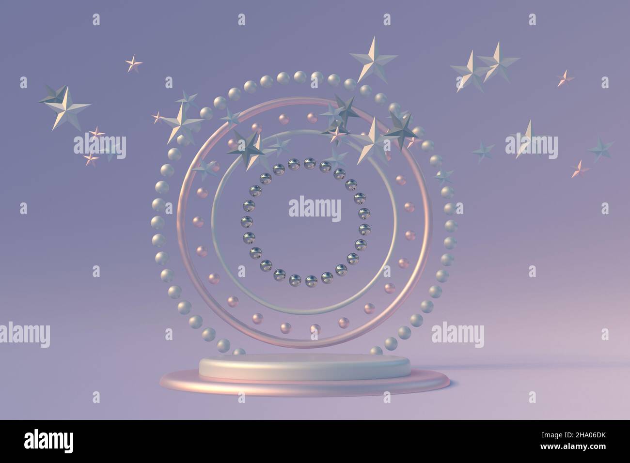 3D composizione astratta. Podio cilindrico su sfondo viola pastello con stelle in argento volanti. Podio, piedistallo da palco o piattaforma per le feste di presentazione Foto Stock