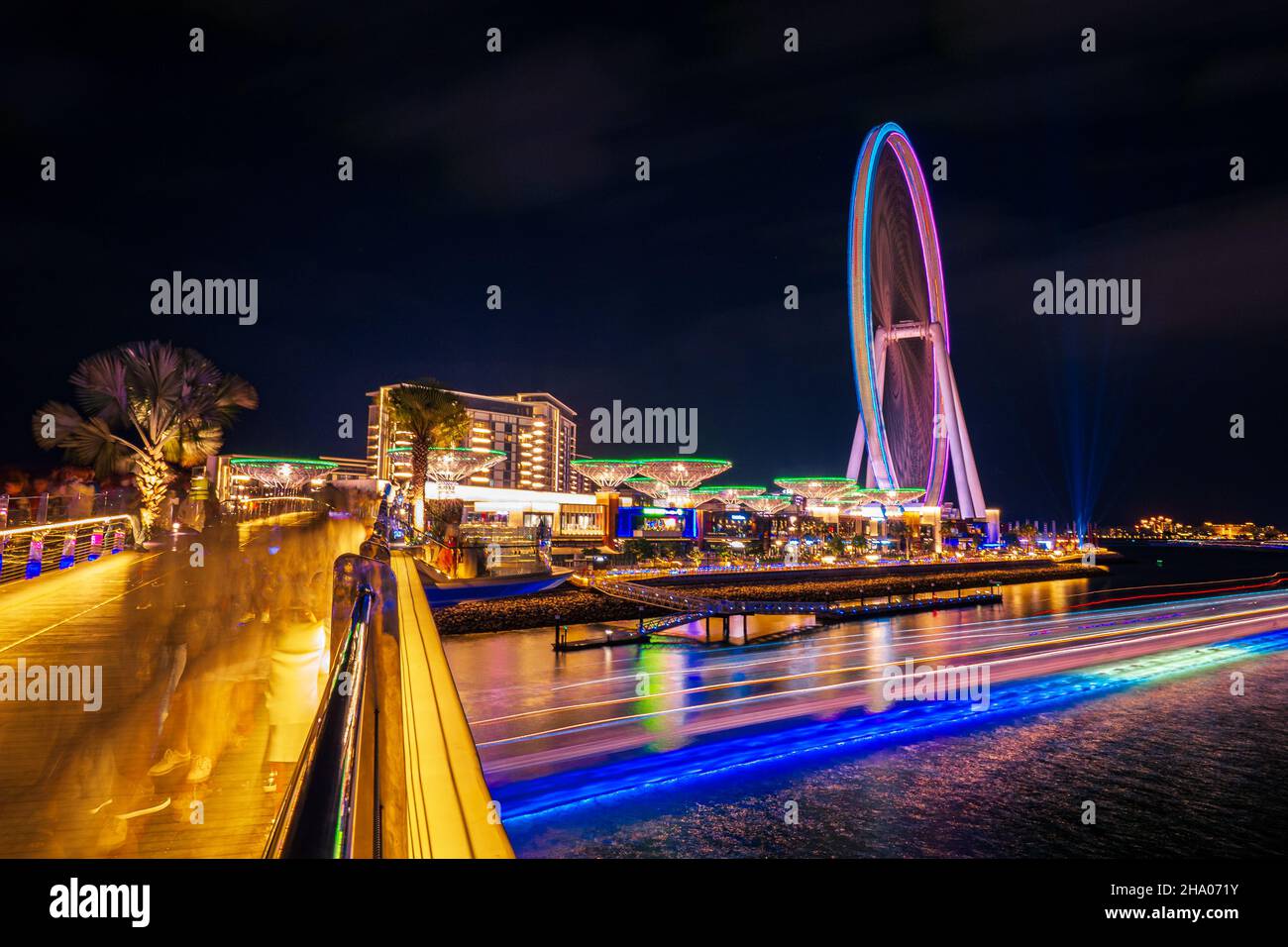 Splendida vista notturna a lunga esposizione dell'Ain Dubai, la ruota panoramica più grande del mondo sull'isola di Bluewaters, nel quartiere di Dubai Marina, Dubai, Emirati Arabi Uniti Foto Stock