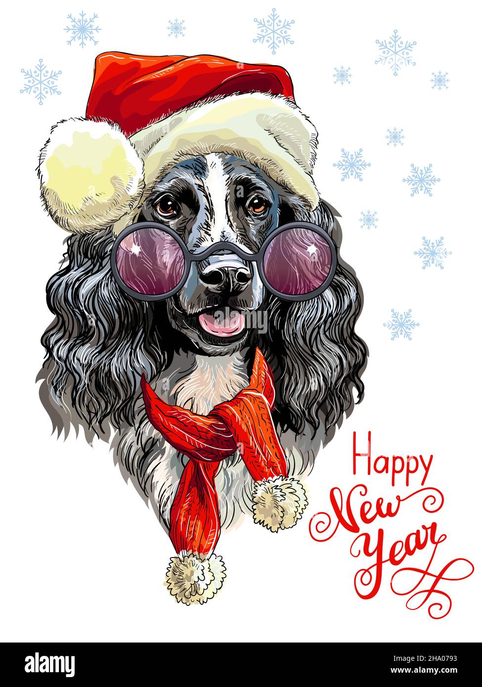 Biglietto di Natale. Divertente ritratto di cane spaniel in cappello di natale, sciarpa, fiocchi di neve e lettere. Illustrazione vettoriale. Per arredamento, design, stampa, poster, Illustrazione Vettoriale