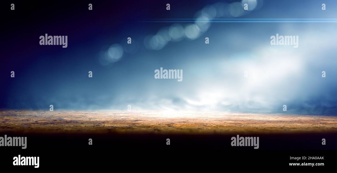 Camera vuota e pavimento in cemento. Fumo o nebbia e faretto nello spazio scuro.3D illustrazione Foto Stock