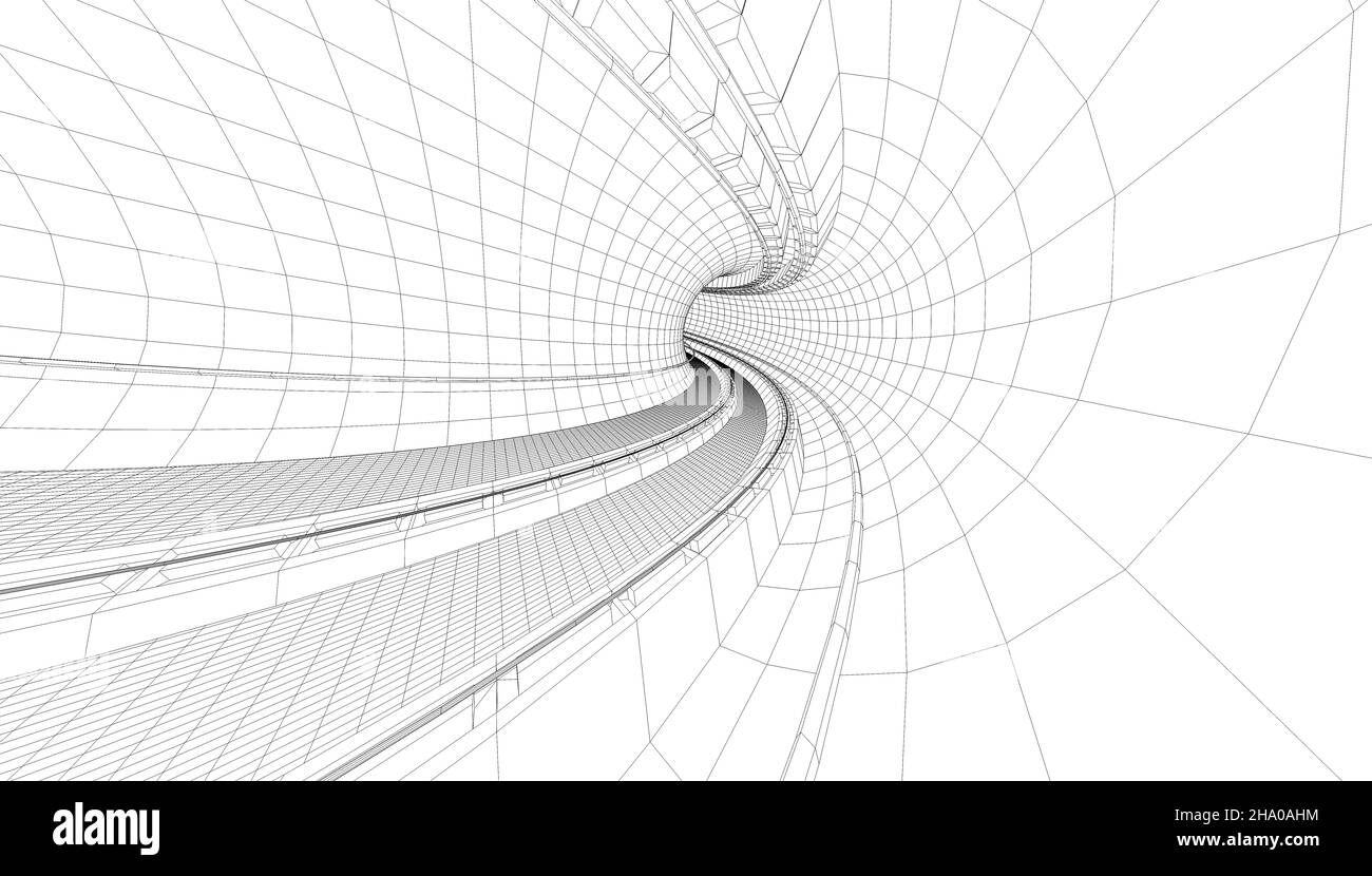 treno in una stazione della metropolitana illustrato in wire frame style.3d illustrazione di tunnel blueprint. Foto Stock