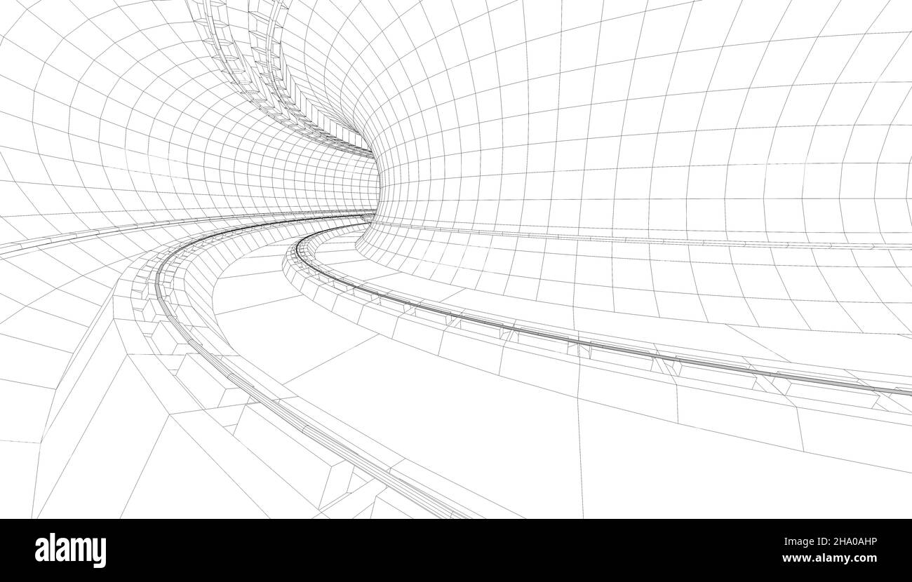 treno in una stazione della metropolitana illustrato in wire frame style.3d illustrazione di tunnel blueprint. Foto Stock