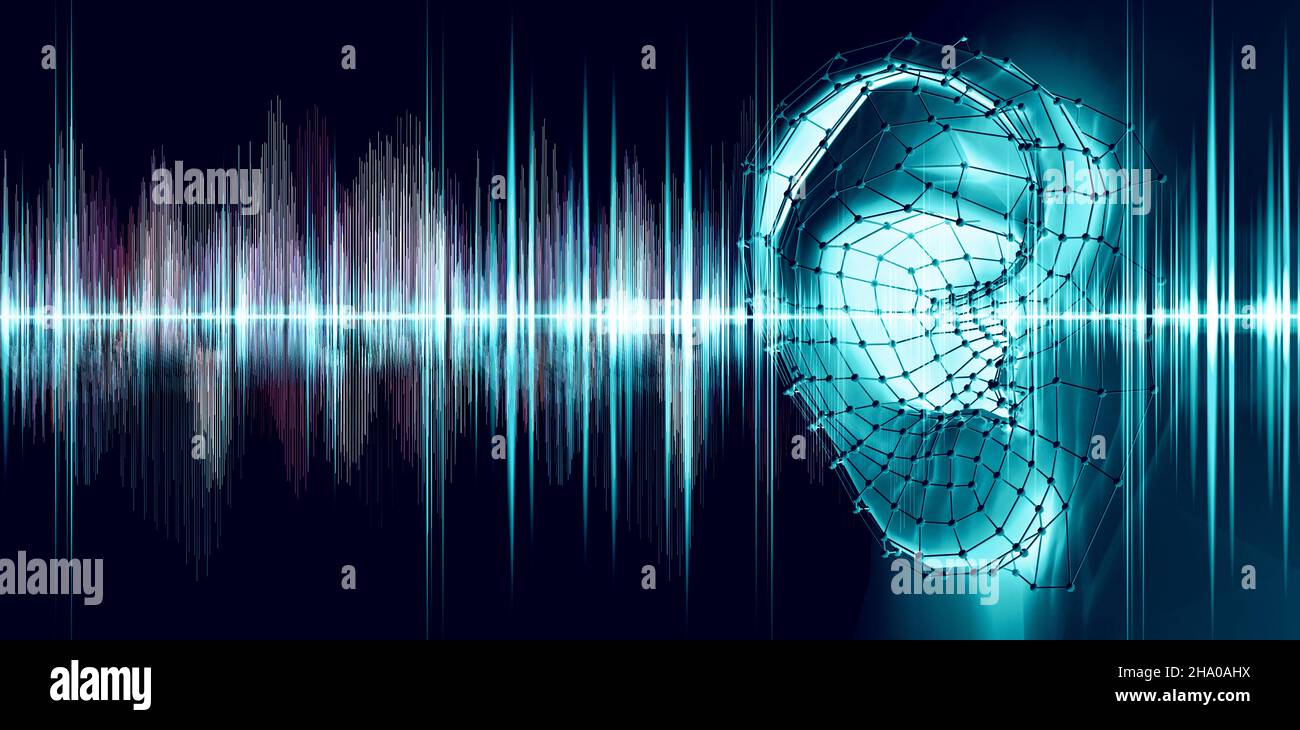 Prova dell'udito che mostra le onde acustiche e sonore.concetto di computer digitale equalizzatore audio e sonoro.illustrazione 3D. Foto Stock