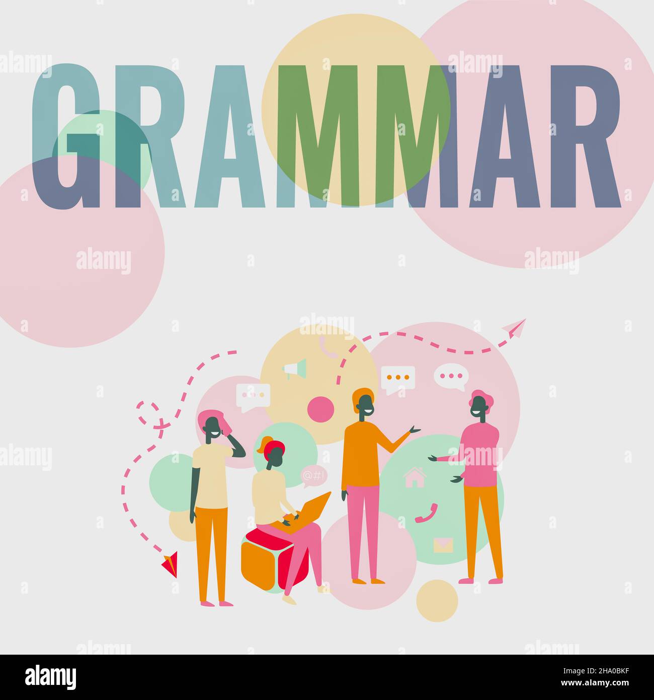 Scrittura visualizzazione testo Grammar. Parola per intero sistema e struttura di una lingua o di lingue in generale quattro colleghi illustrazione che hanno Foto Stock