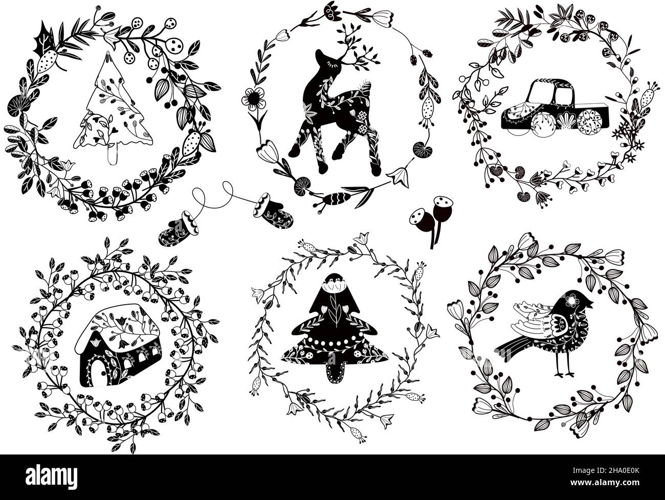 Corona di Natale bianca e nera di fiori e foglie. Uccello folcloristico, cervo, camion, Case, albero di Natale. Accogliente carta di Natale in stile scandinavo. Decorazione invernale. Illustrazione vettoriale Illustrazione Vettoriale