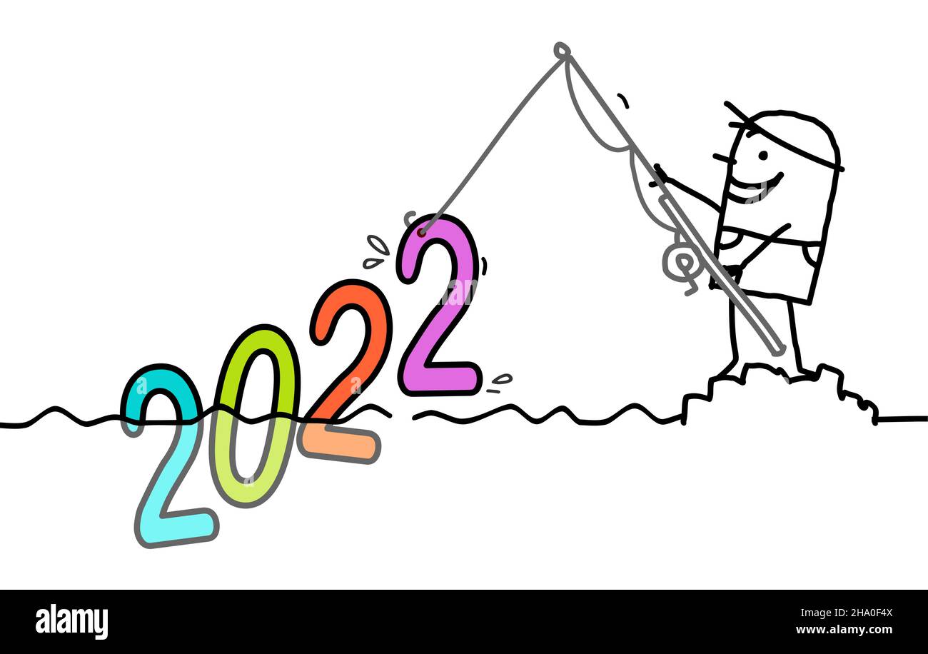 Uomo Cartoon disegnato a mano pesca un grande segno colorato 2022 Illustrazione Vettoriale