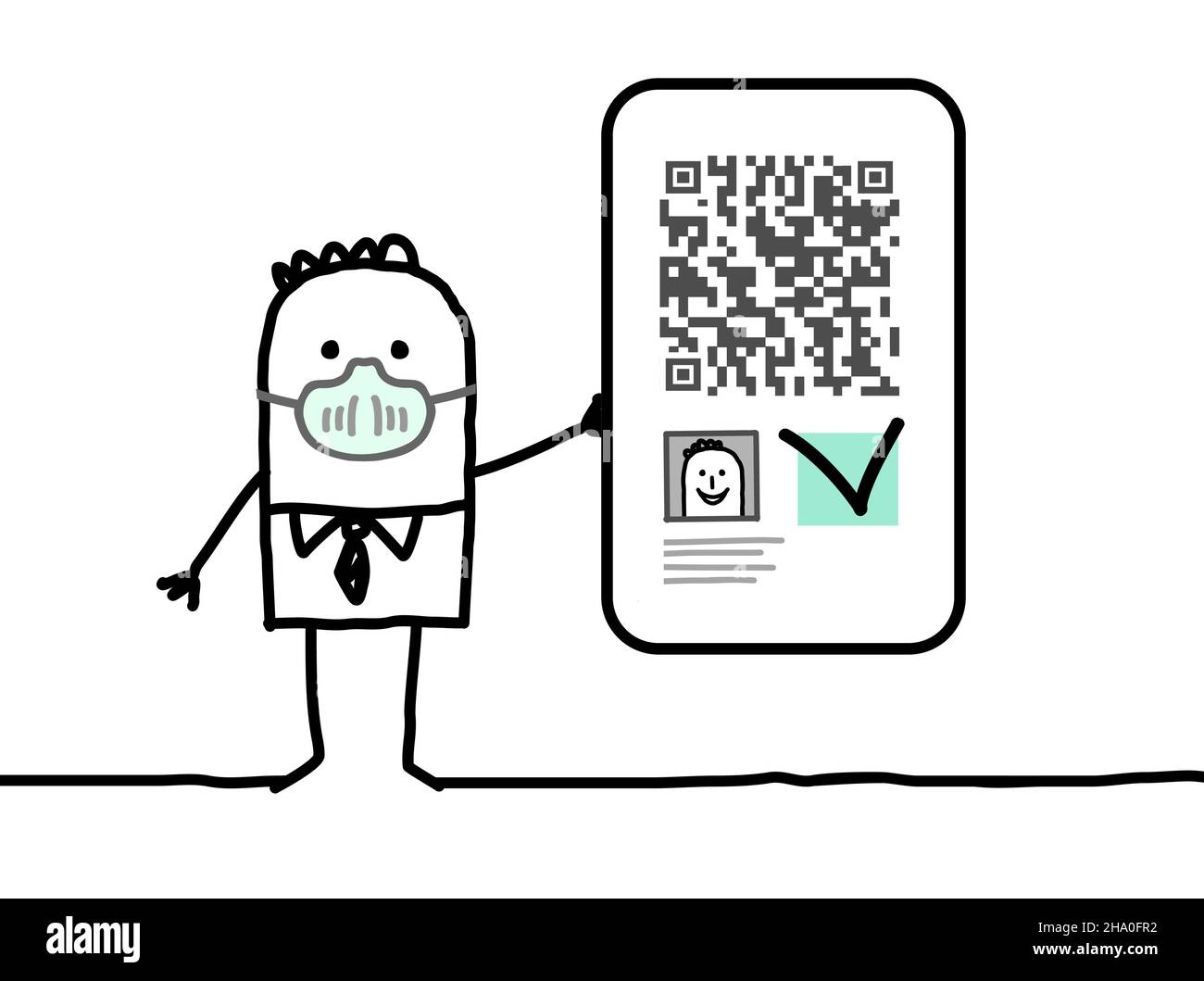 Cartoon Doctor con maschera disegnato a mano, che mostra un codice QR valido Illustrazione Vettoriale