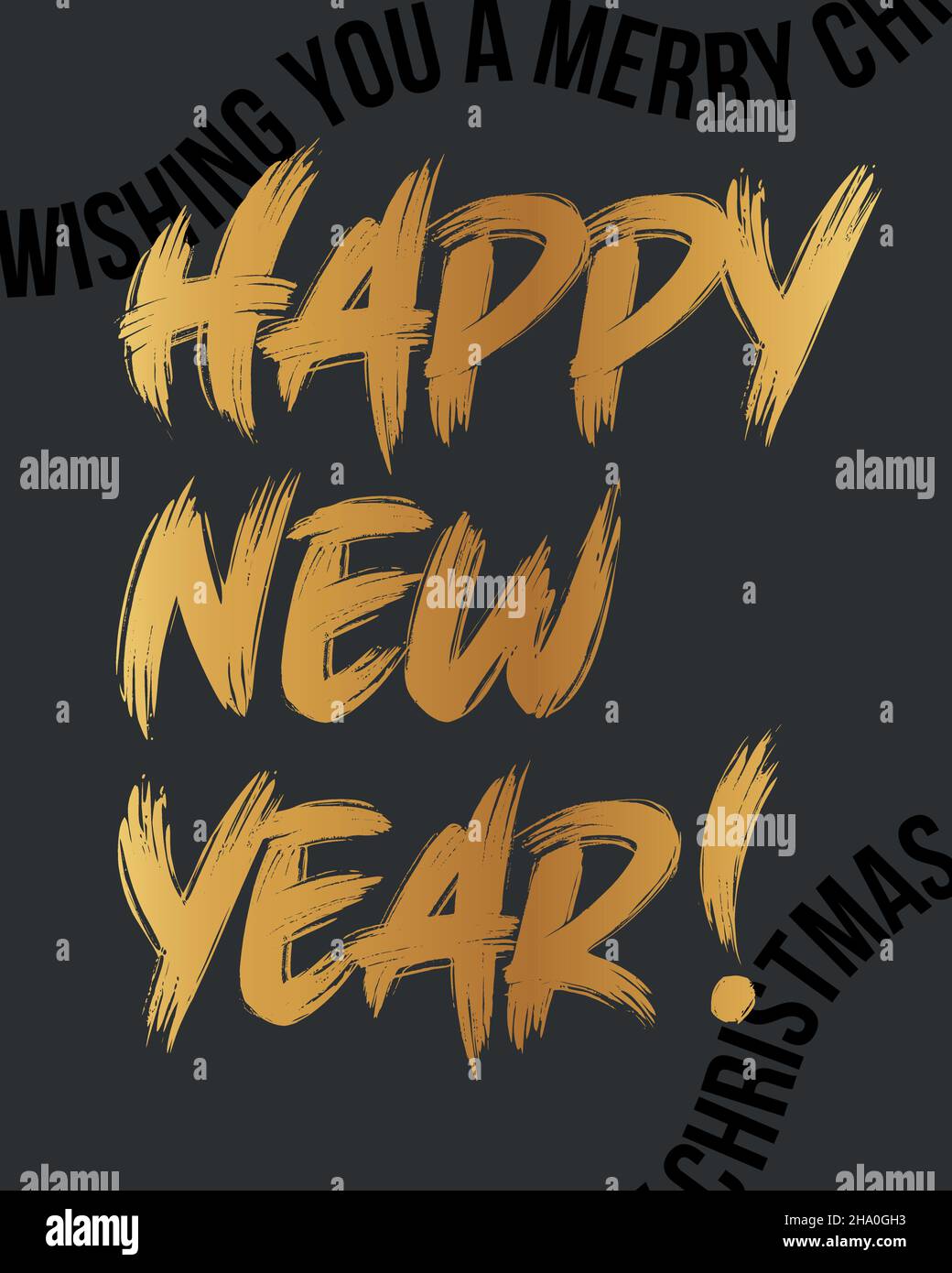 Biglietto di auguri di Capodanno in stile spazzola dorato con messaggi "Felice anno nuovo" e "Wishing You A buon Natale" Illustrazione Vettoriale