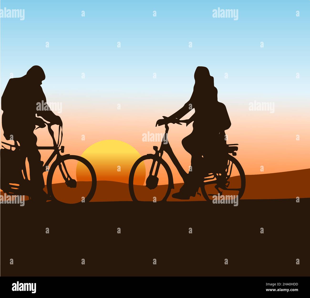 silhouette di due ciclisti con un tramonto sullo sfondo Illustrazione Vettoriale
