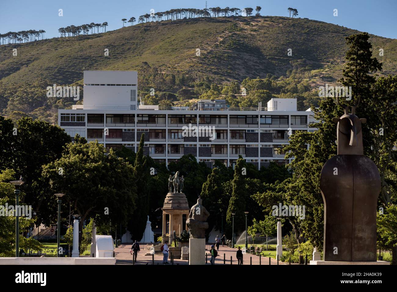 Cape Town's Company Garden con lo sfondo di Signal Hill, parte della topografia della città che la rende distintiva e riconoscibile a livello globale Foto Stock