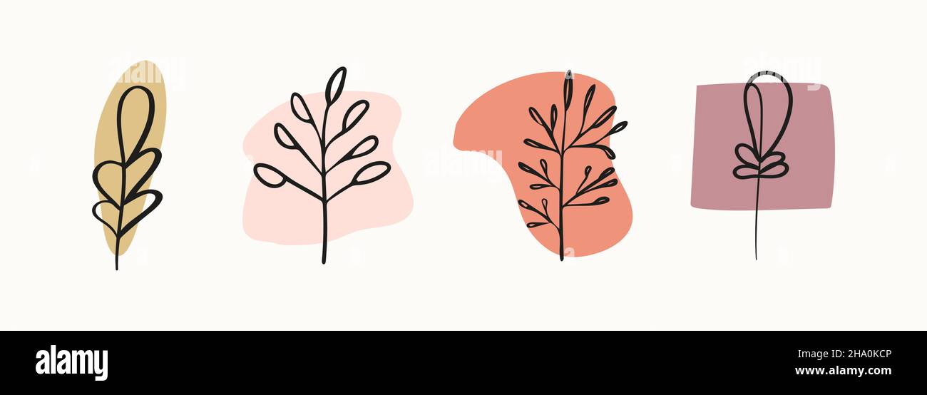 Un insieme di immagini di sfondo astratte con una forma minimalista arrotondata in colori muti e un ramo con foglie o un albero. Illustrazione Vettoriale