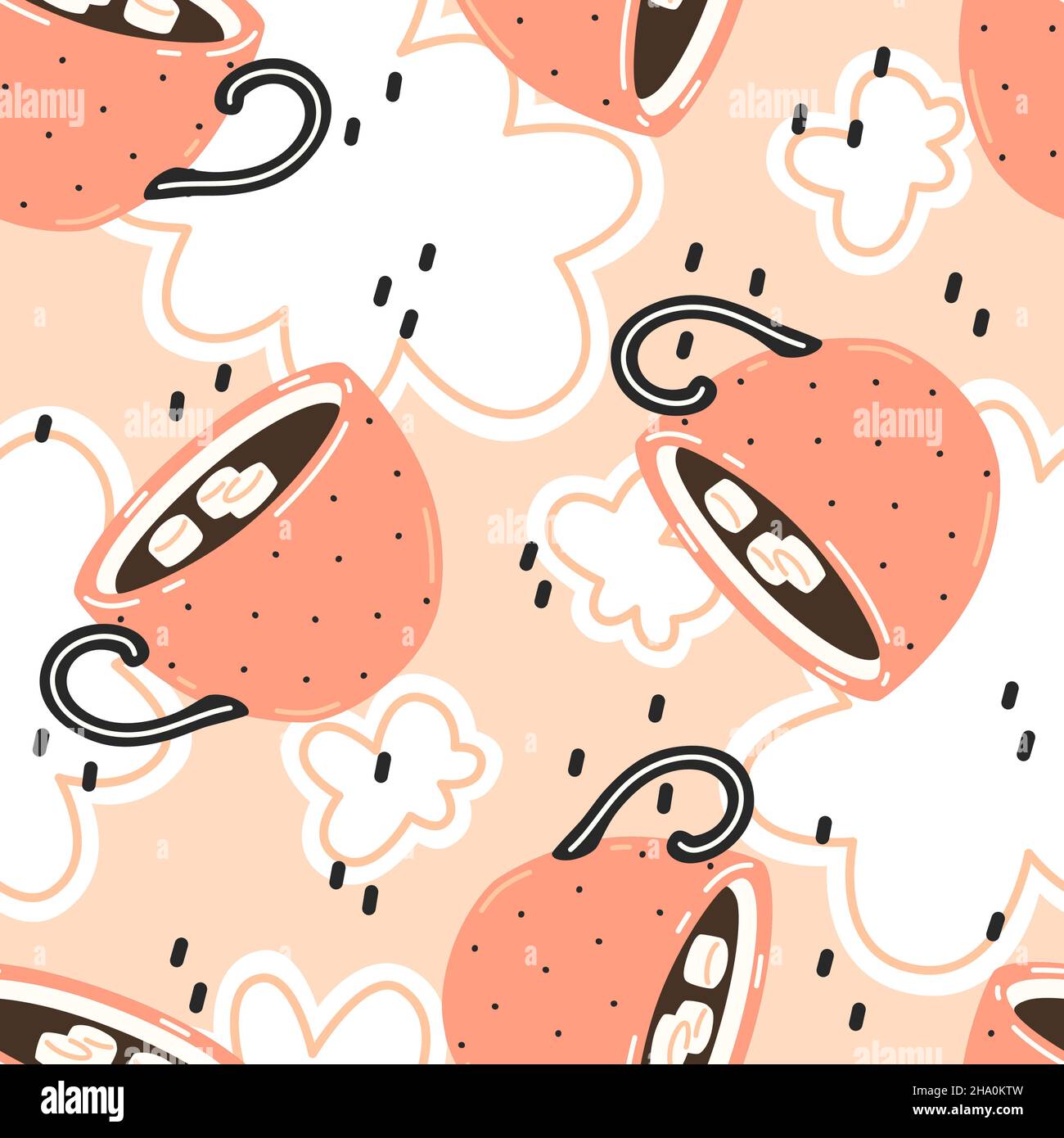 Cioccolata calda con marshmallow in tazze rosa. Pattern vettoriale senza giunture Illustrazione Vettoriale