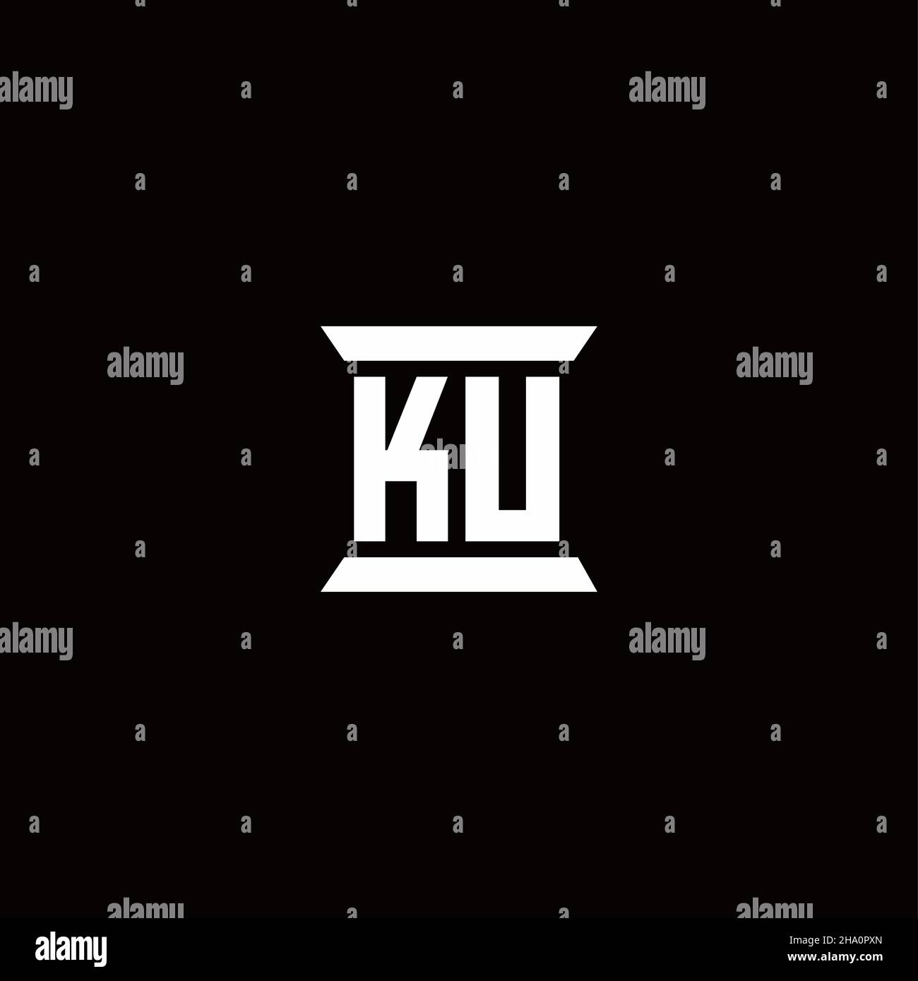 Monogramma lettera iniziale logo KU con sagoma a forma di colonna isolata su sfondo nero Illustrazione Vettoriale