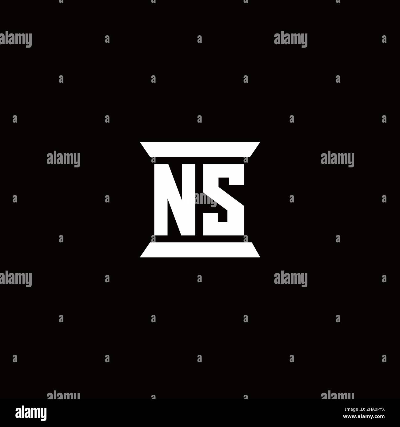 Monogramma lettera iniziale logo NS con sagoma a forma di colonna isolata su sfondo nero Illustrazione Vettoriale