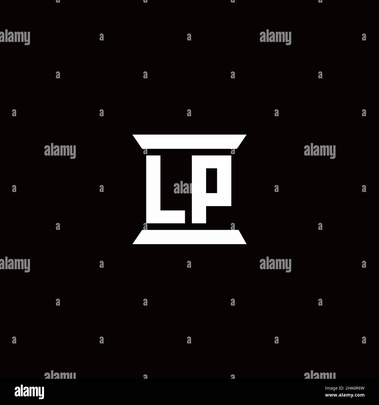 Monogramma con lettera iniziale con logo LP e modello a forma di colonna isolato su sfondo nero Illustrazione Vettoriale