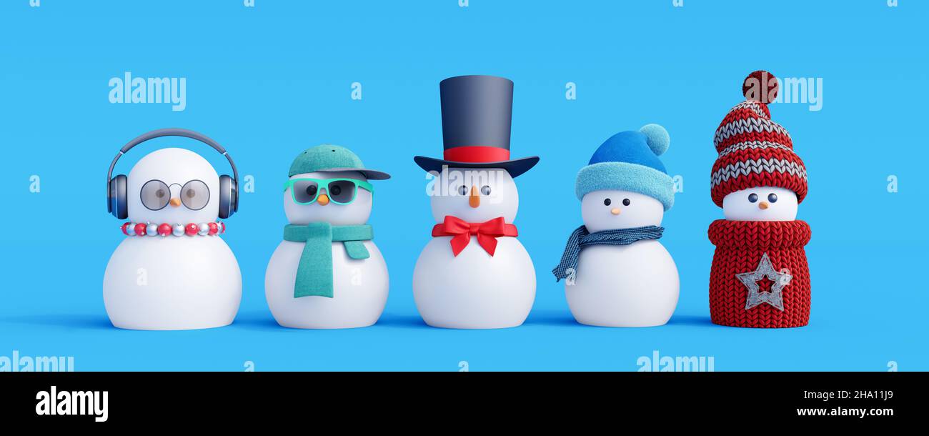 Gruppo di carino Snowmen su sfondo blu. Sfondo delle Vacanze invernali 3D rappresentazione 3D illustrazione Foto Stock