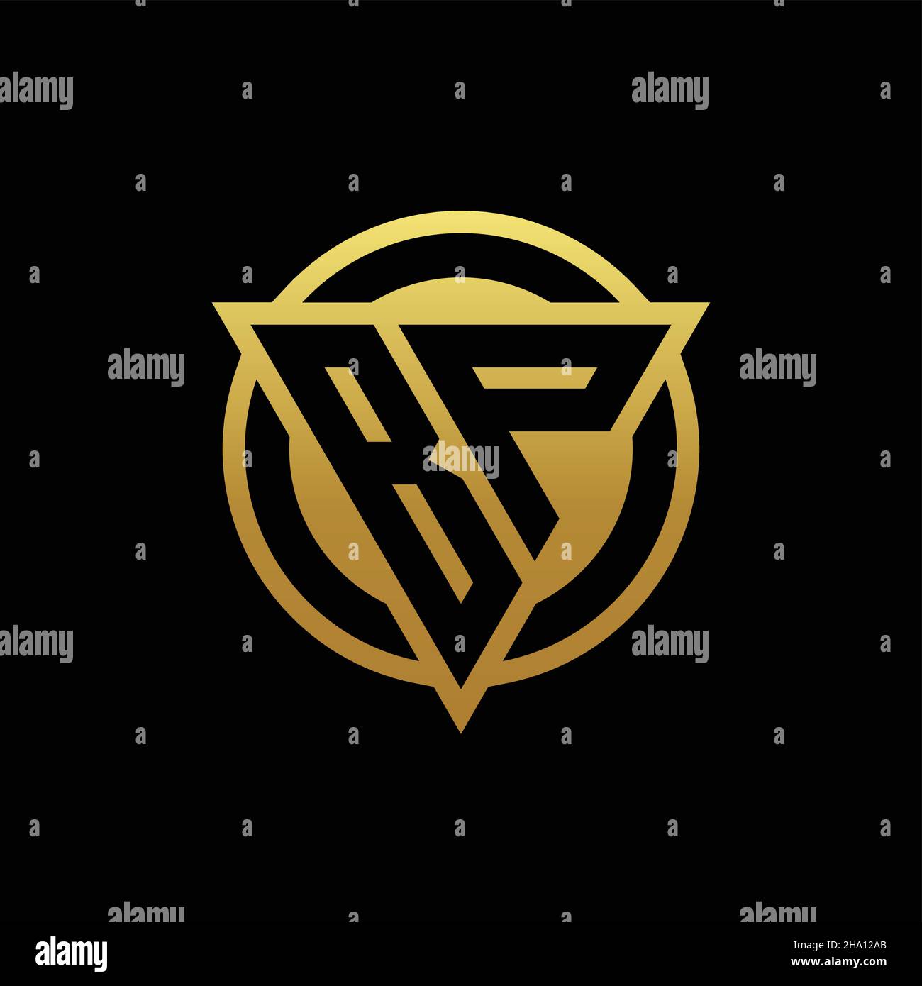 Monogramma con logo BP con forma triangolare e forma circolare arrotondata, isolato sui colori oro e modello di sfondo nero Illustrazione Vettoriale
