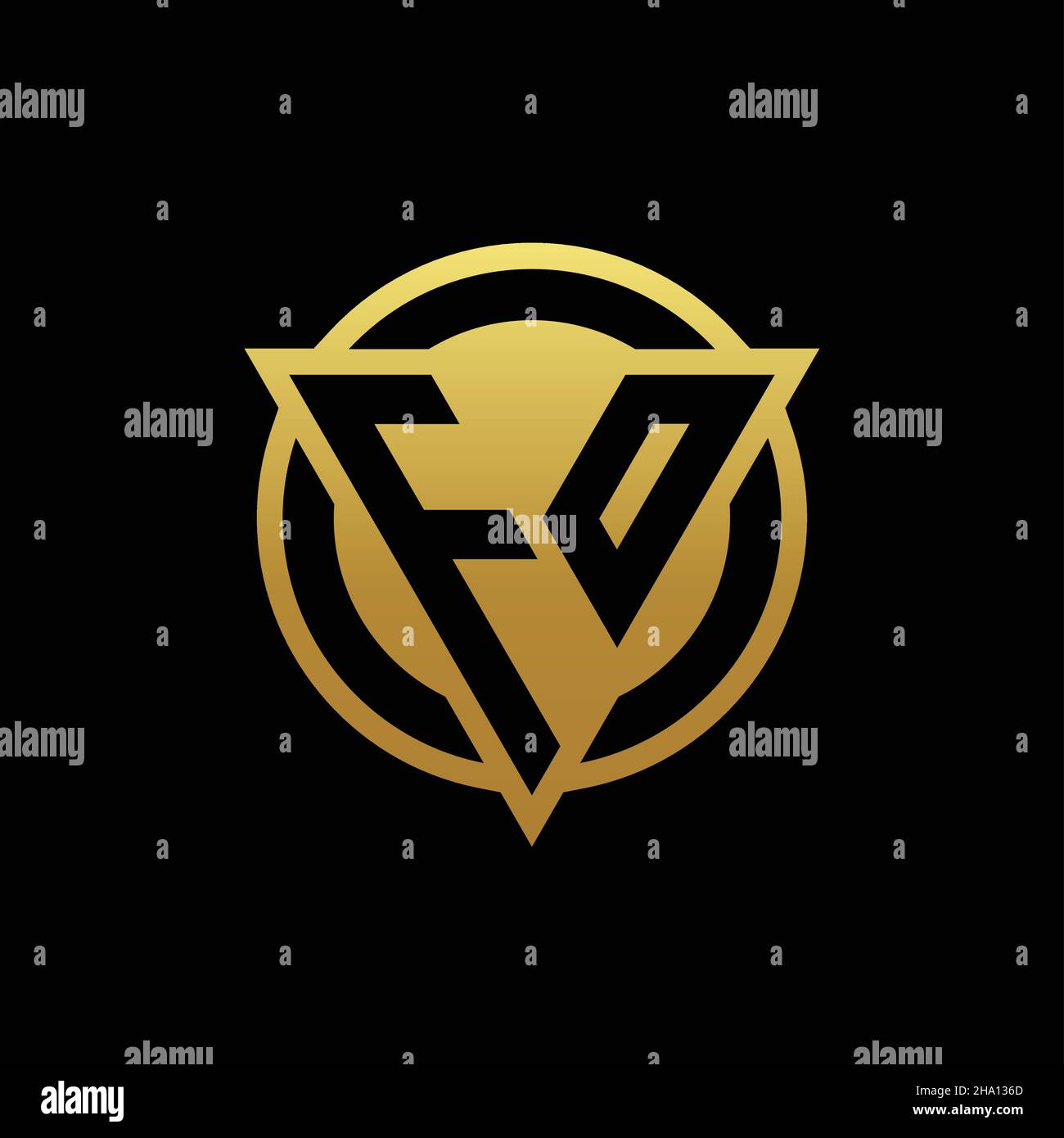 Monogramma con logo FO a forma triangolare e cerchio arrotondato isolato su colori oro e modello di sfondo nero Illustrazione Vettoriale
