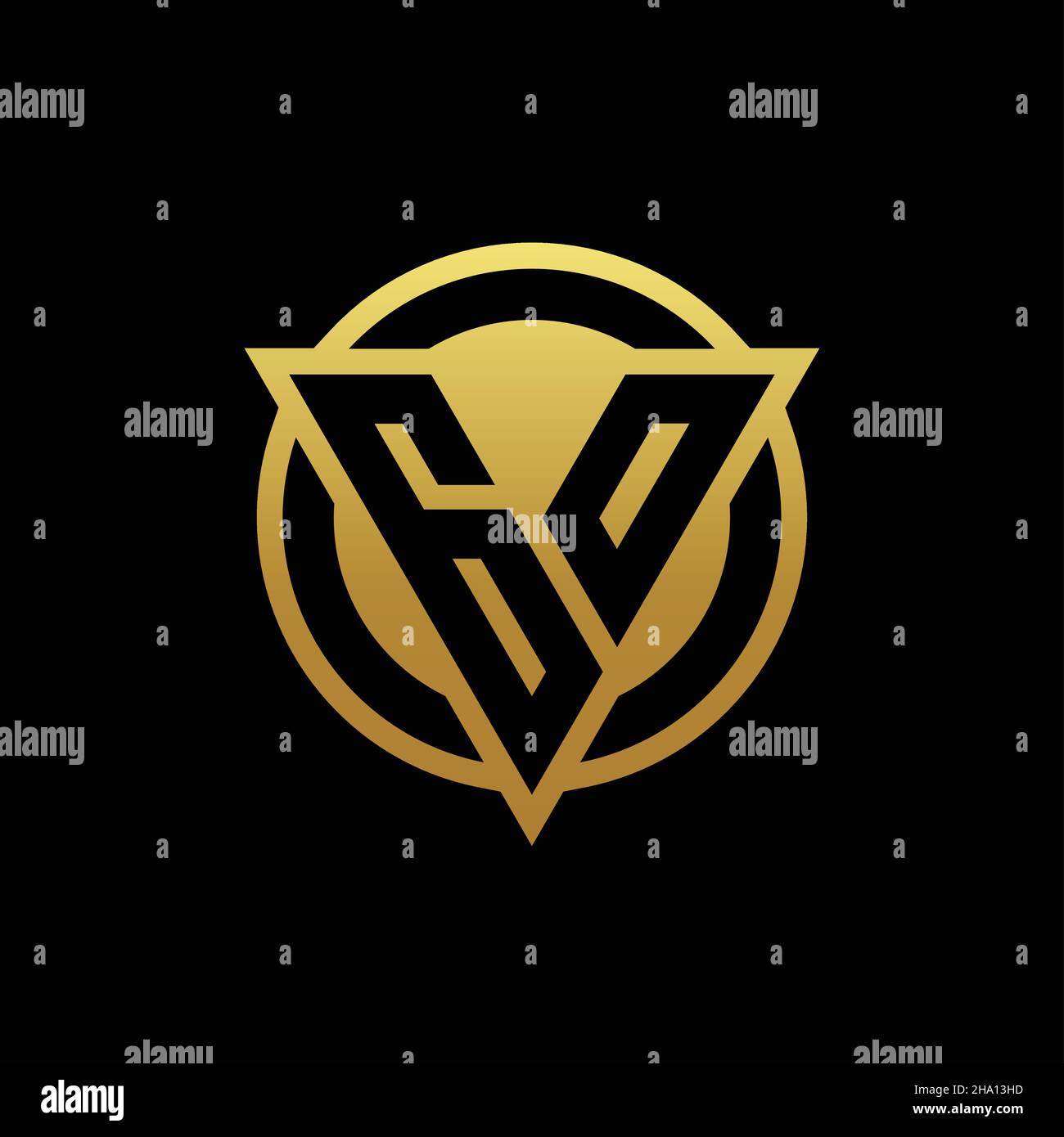 LOGO GO monogramma con forma triangolare e cerchio arrotondato isolato sui colori oro e modello di sfondo nero Illustrazione Vettoriale