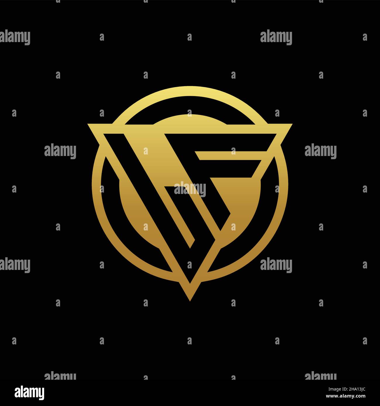 Monogramma con logo LF con forma triangolare e forma circolare arrotondata, isolato sui colori oro e modello di sfondo nero Illustrazione Vettoriale