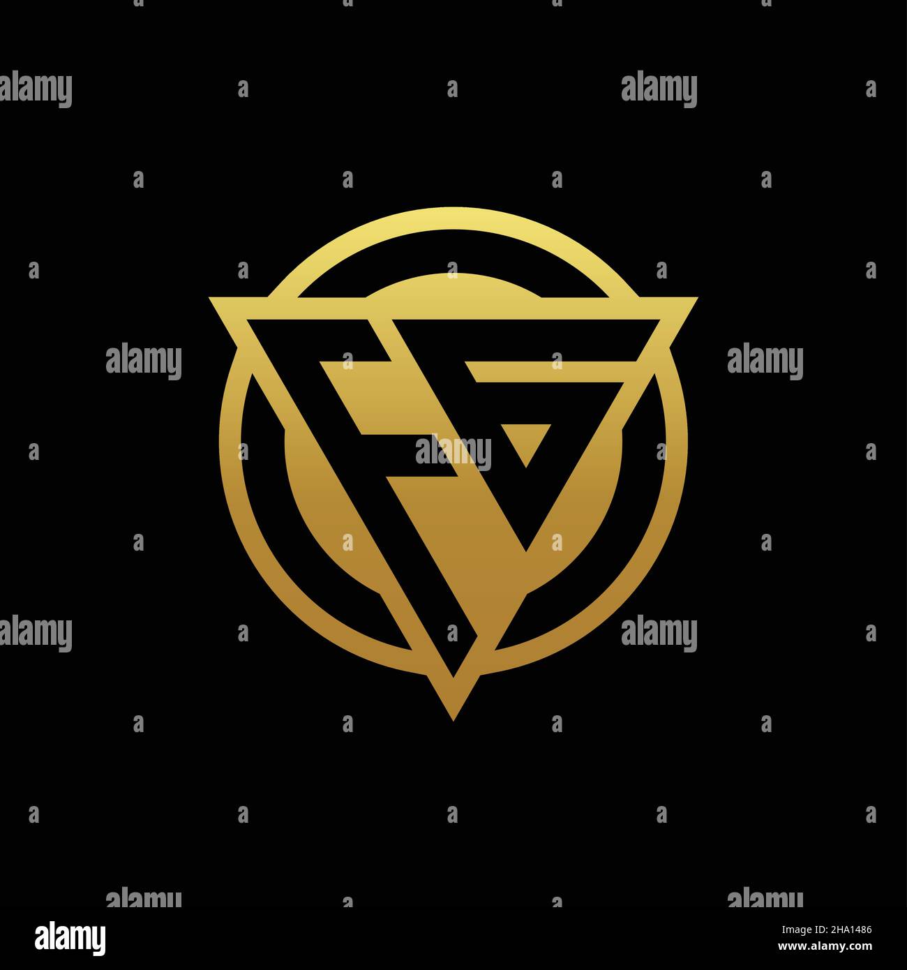 Monogramma con logo FG con forma triangolare e forma circolare arrotondata isolato sui colori oro e modello di sfondo nero Illustrazione Vettoriale