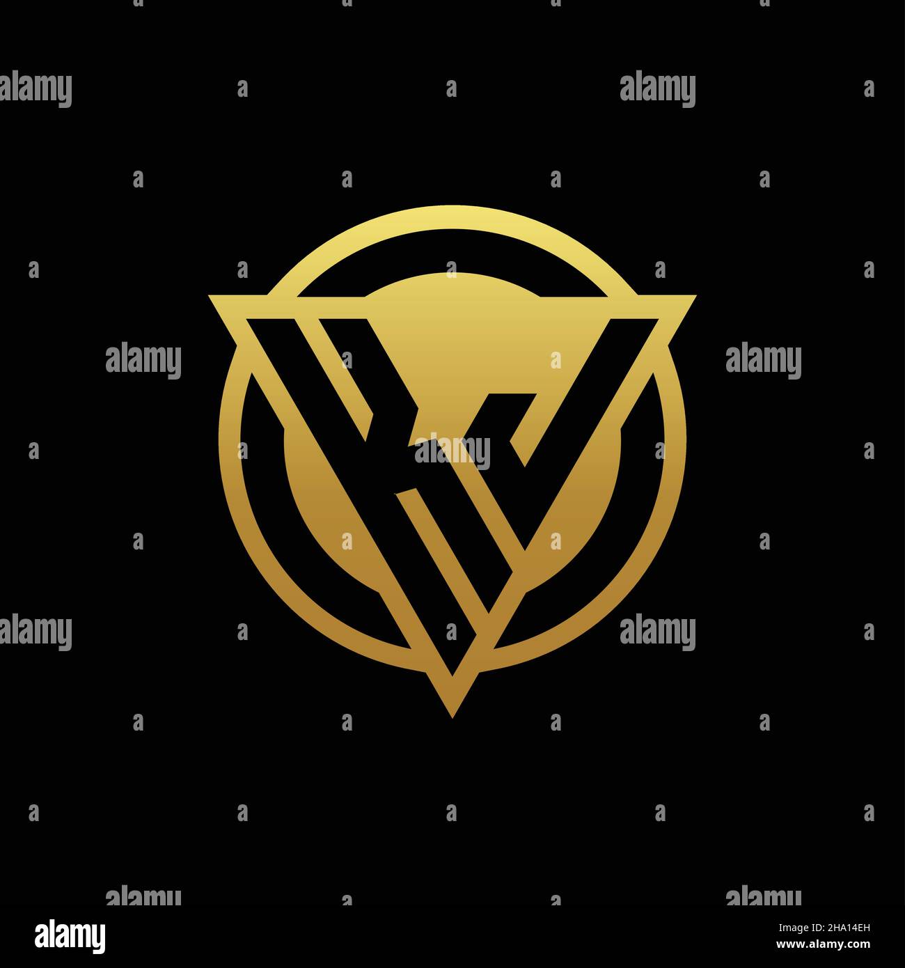 Monogramma CON logo KJ con forma triangolare e cerchio arrotondato isolato su colori oro e modello di disegno sfondo nero Illustrazione Vettoriale