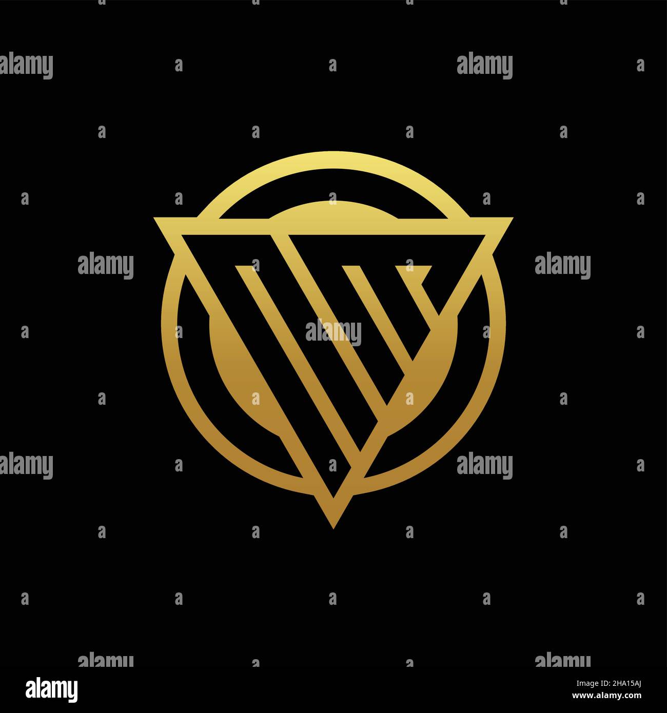 Monogramma CON logo NM a forma di triangolo e cerchio arrotondato isolato sui colori oro e modello con sfondo nero Illustrazione Vettoriale