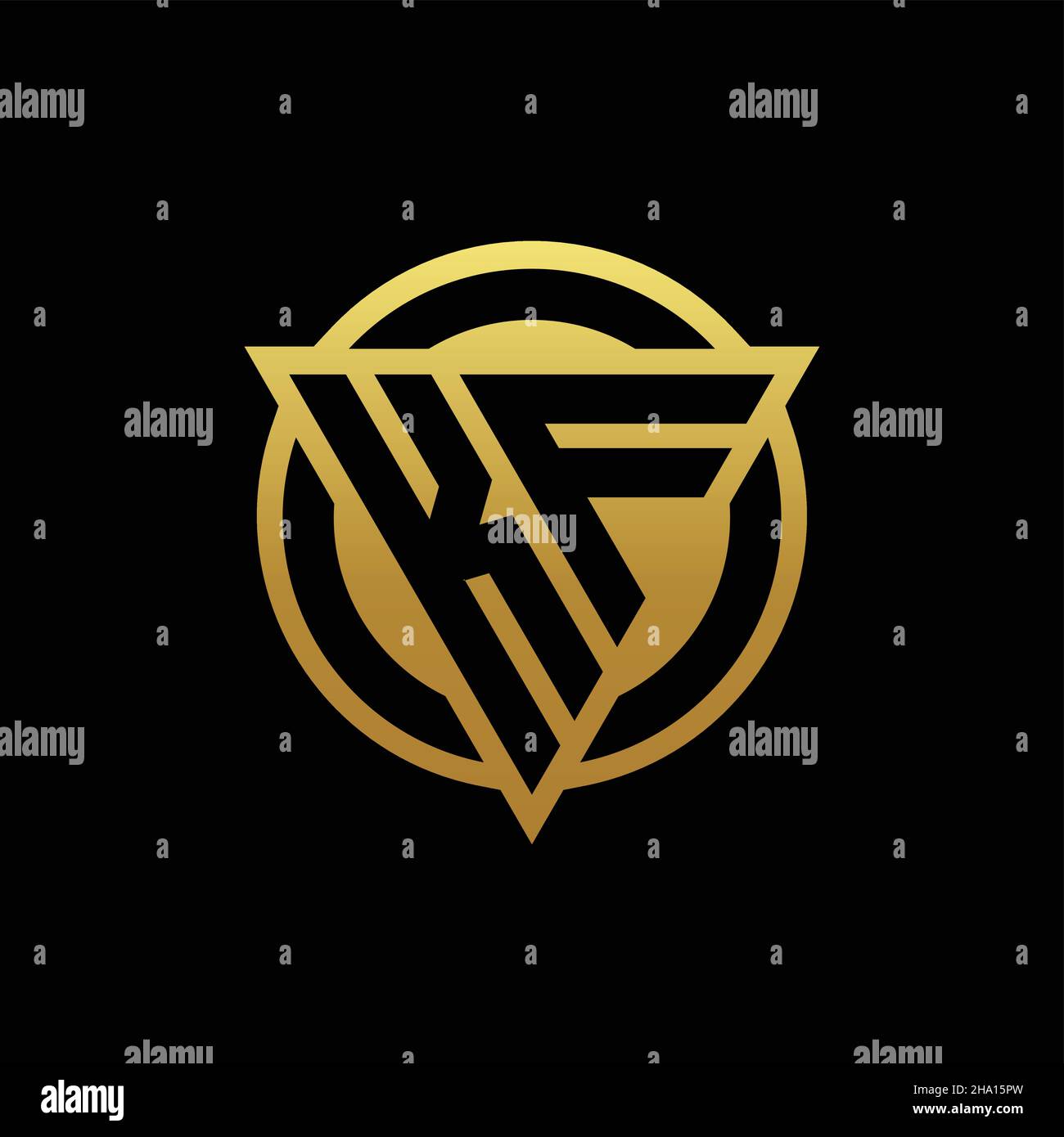 Monogramma con logo KF con forma triangolare e forma circolare arrotondata, isolato sui colori oro e modello di disegno sfondo nero Illustrazione Vettoriale