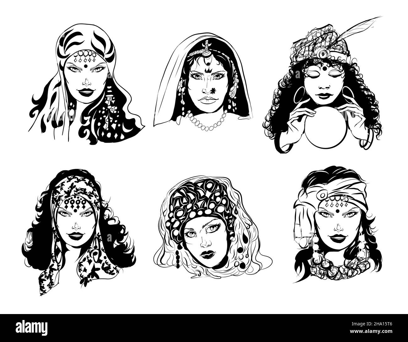 Set di caricature comiche di donne zingari - illustrazione vettoriale Illustrazione Vettoriale