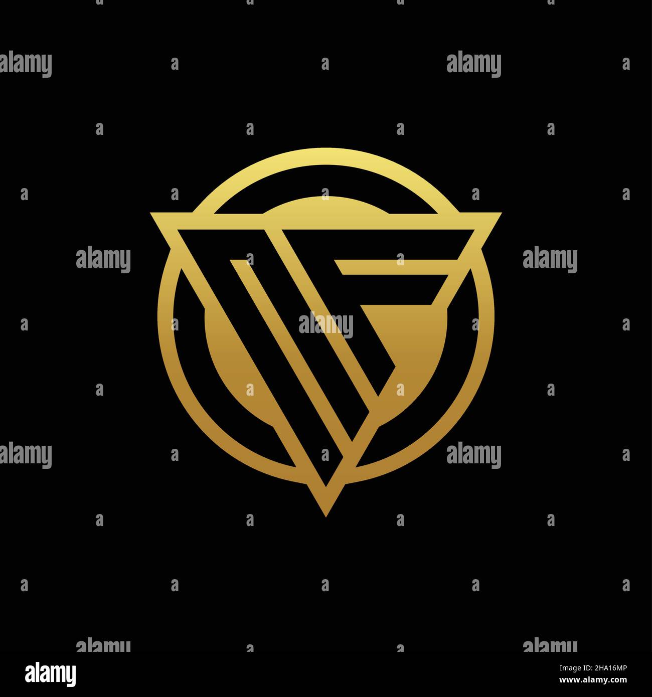 Monogramma con logo NF con forma triangolare e forma circolare arrotondata, isolato sui colori oro e modello di disegno sfondo nero Illustrazione Vettoriale