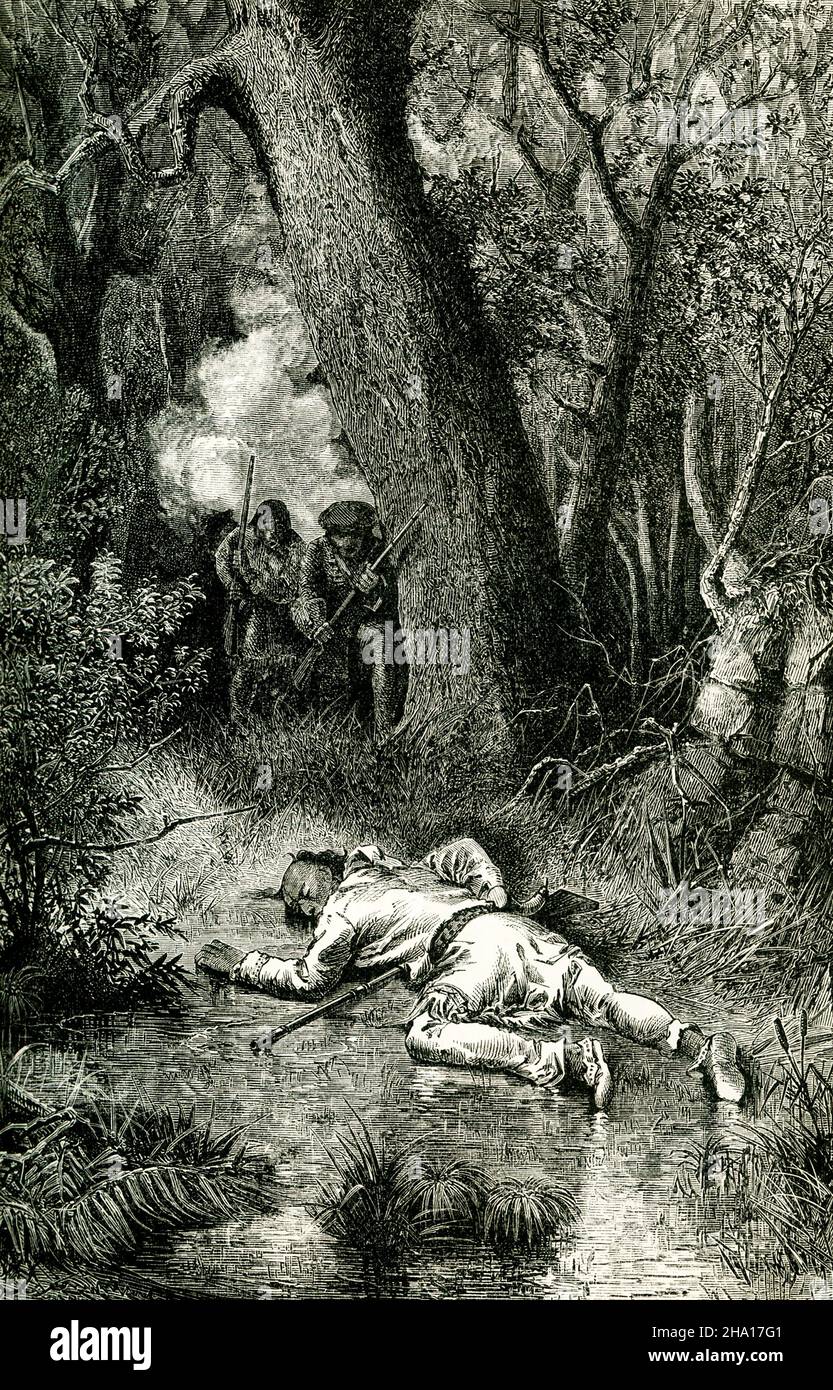 Il leader dei nativi americani nella guerra di Re Phillips, Metacom (re Filippo agli inglesi), è stato ucciso nel 1676, come mostrato qui in questa illustrazione del 1890. Foto Stock