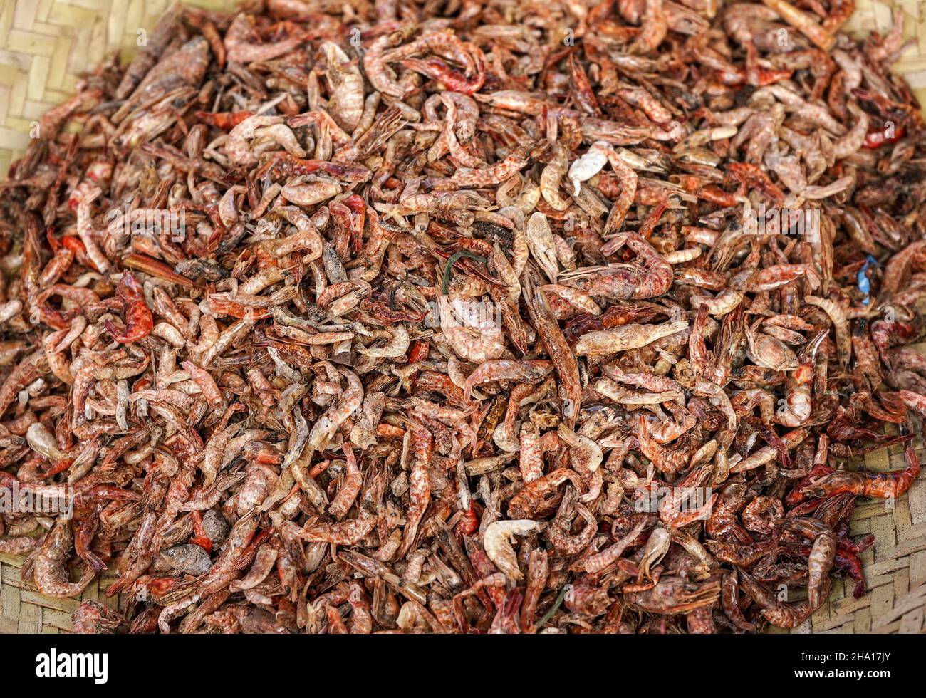 Piccoli gamberi secchi esposti sul mercato alimentare a Ranohira, Madagascar, primo piano dettaglio Foto Stock