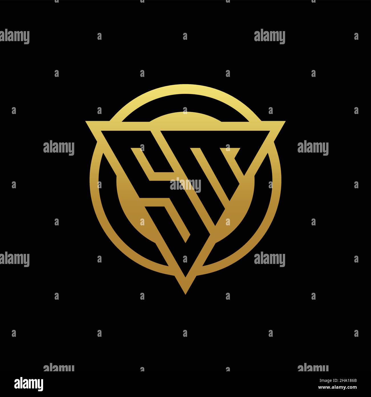 Logo SM monogramma con forma a triangolo e cerchio arrotondato isolato su colori oro e modello di sfondo nero Illustrazione Vettoriale
