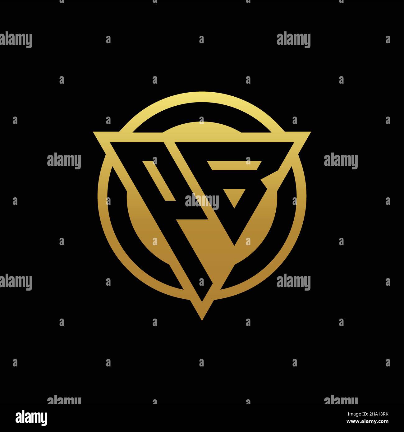 Logo PB monogramma con forma a triangolo e cerchio arrotondato isolato su colori oro e modello di sfondo nero Illustrazione Vettoriale