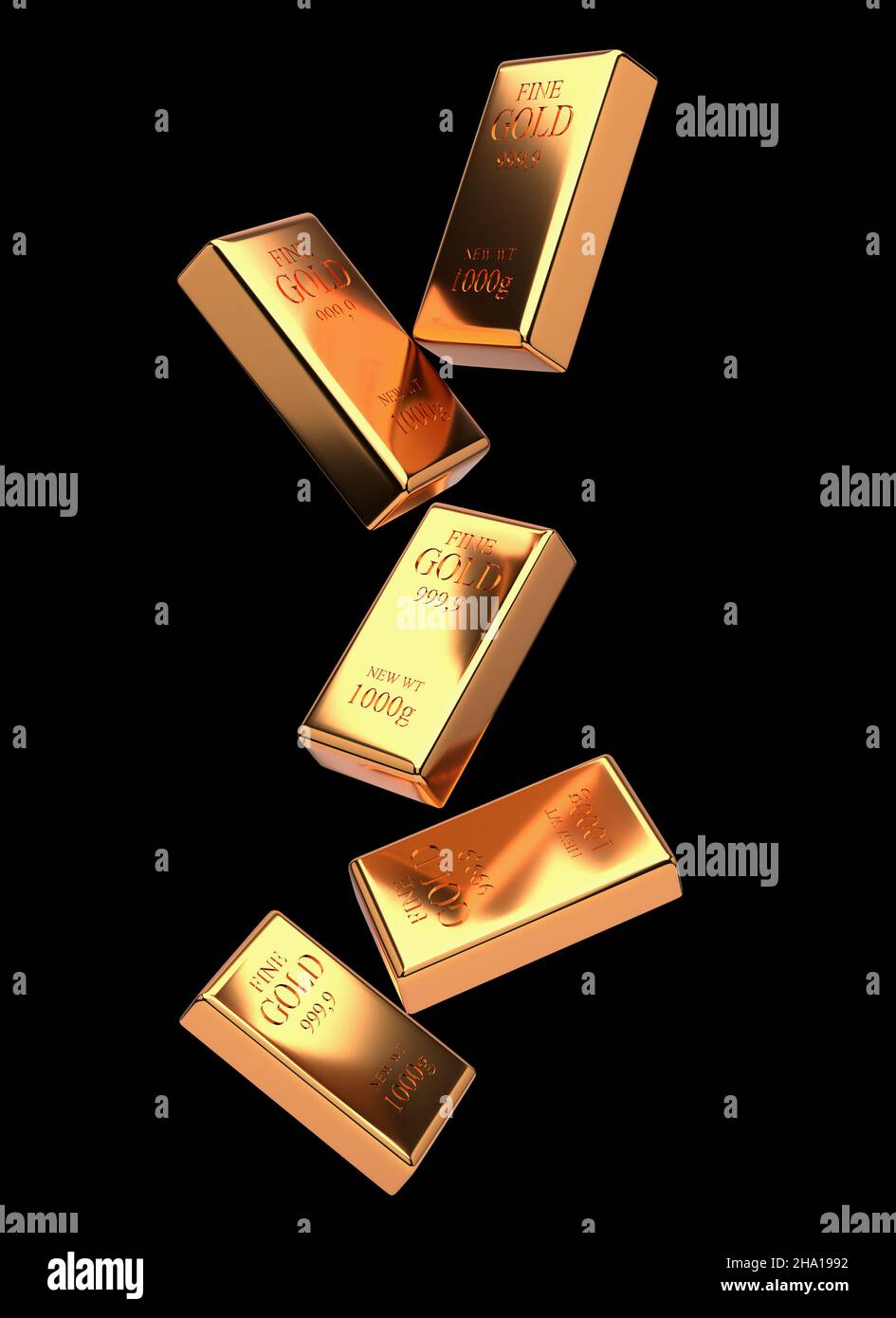 Caduta di barre d'oro su sfondo nero, rendering 3D. Foto Stock