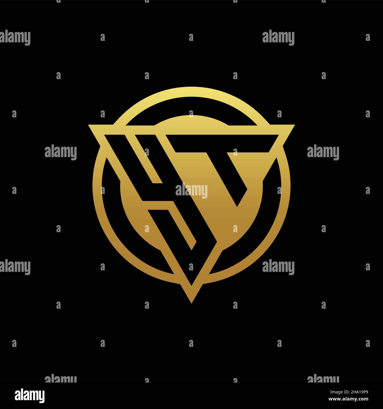 Monogramma con logo YT a forma di triangolo e cerchio arrotondato isolato sui colori oro e modello con sfondo nero Illustrazione Vettoriale