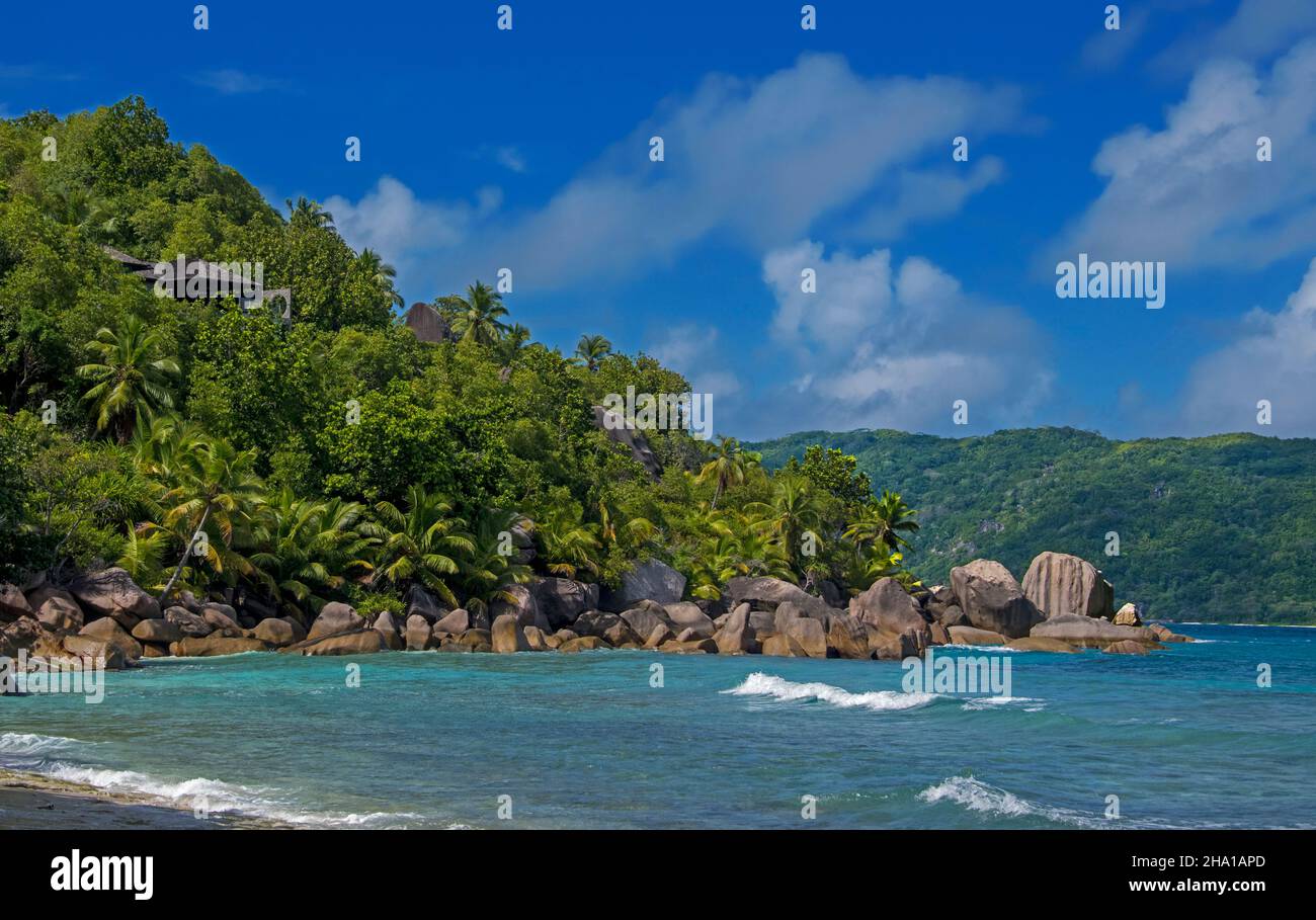 Tramonto punto di osservazione Praslin Island Seychelles Foto Stock