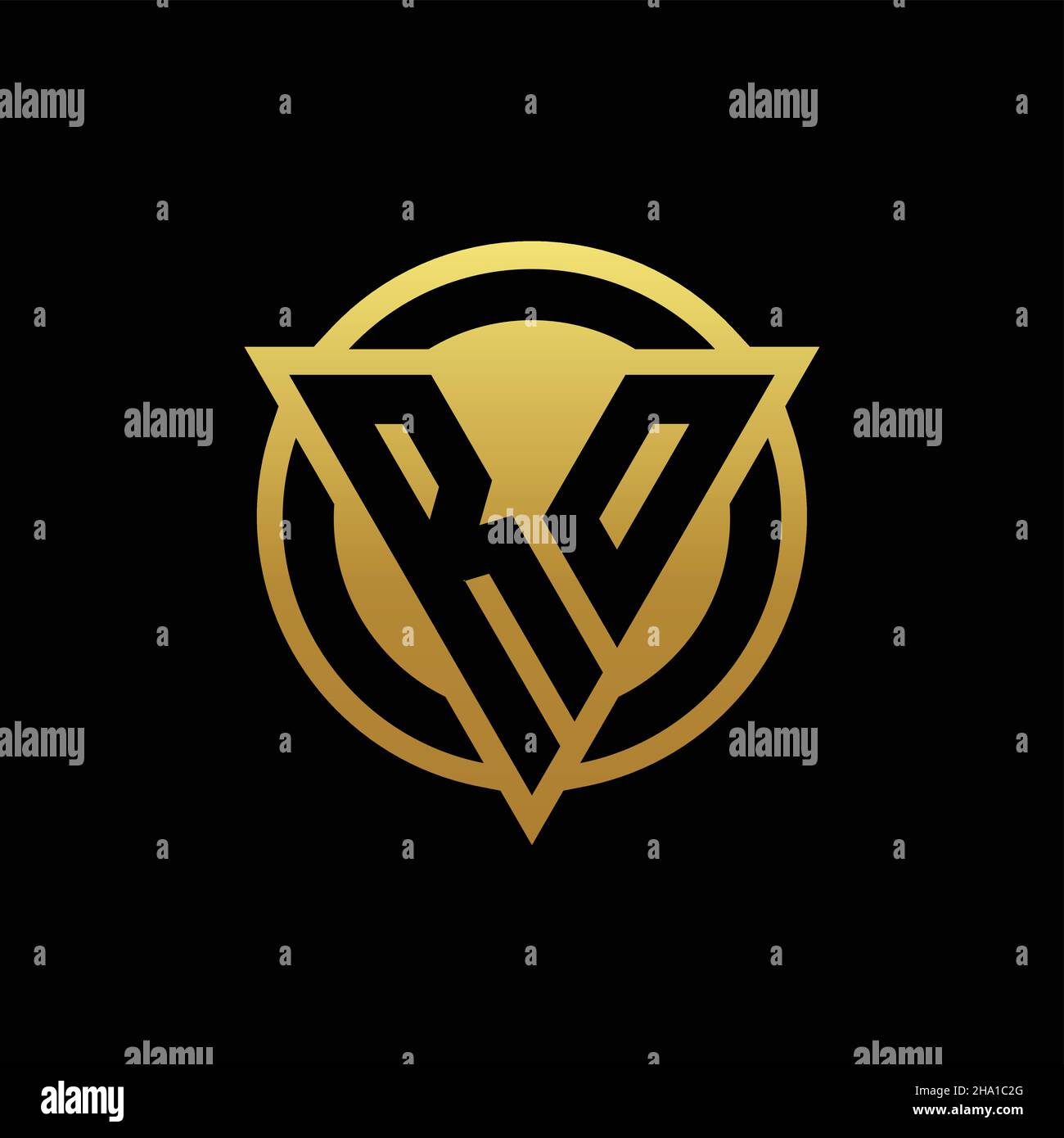 Monogramma con logo RO con forma triangolare e stile circolare arrotondato isolato su colori dorati e modello con sfondo nero Illustrazione Vettoriale