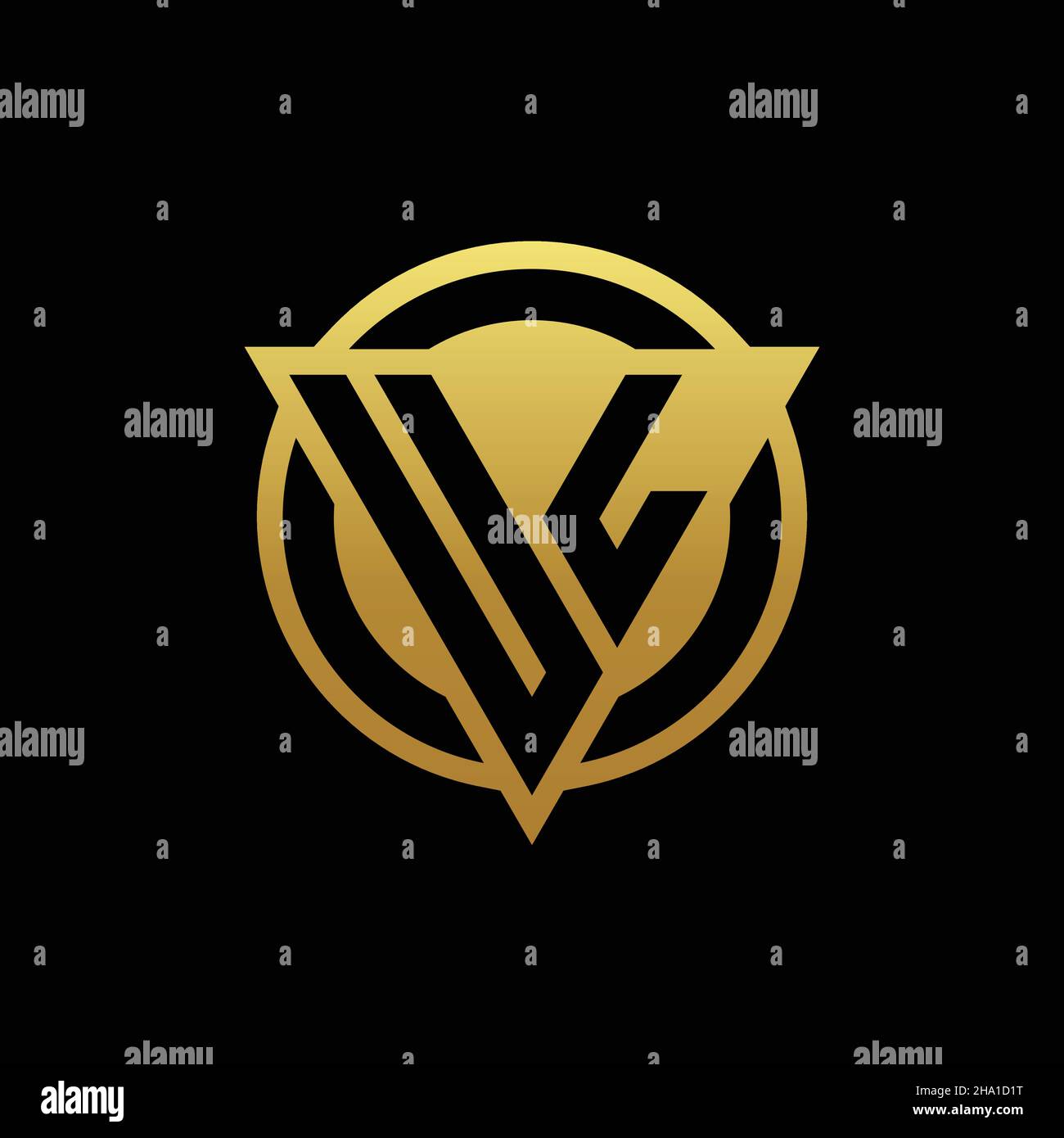 Logo UL monogramma a forma di triangolo e cerchio arrotondato isolato su colori oro e modello di sfondo nero Illustrazione Vettoriale