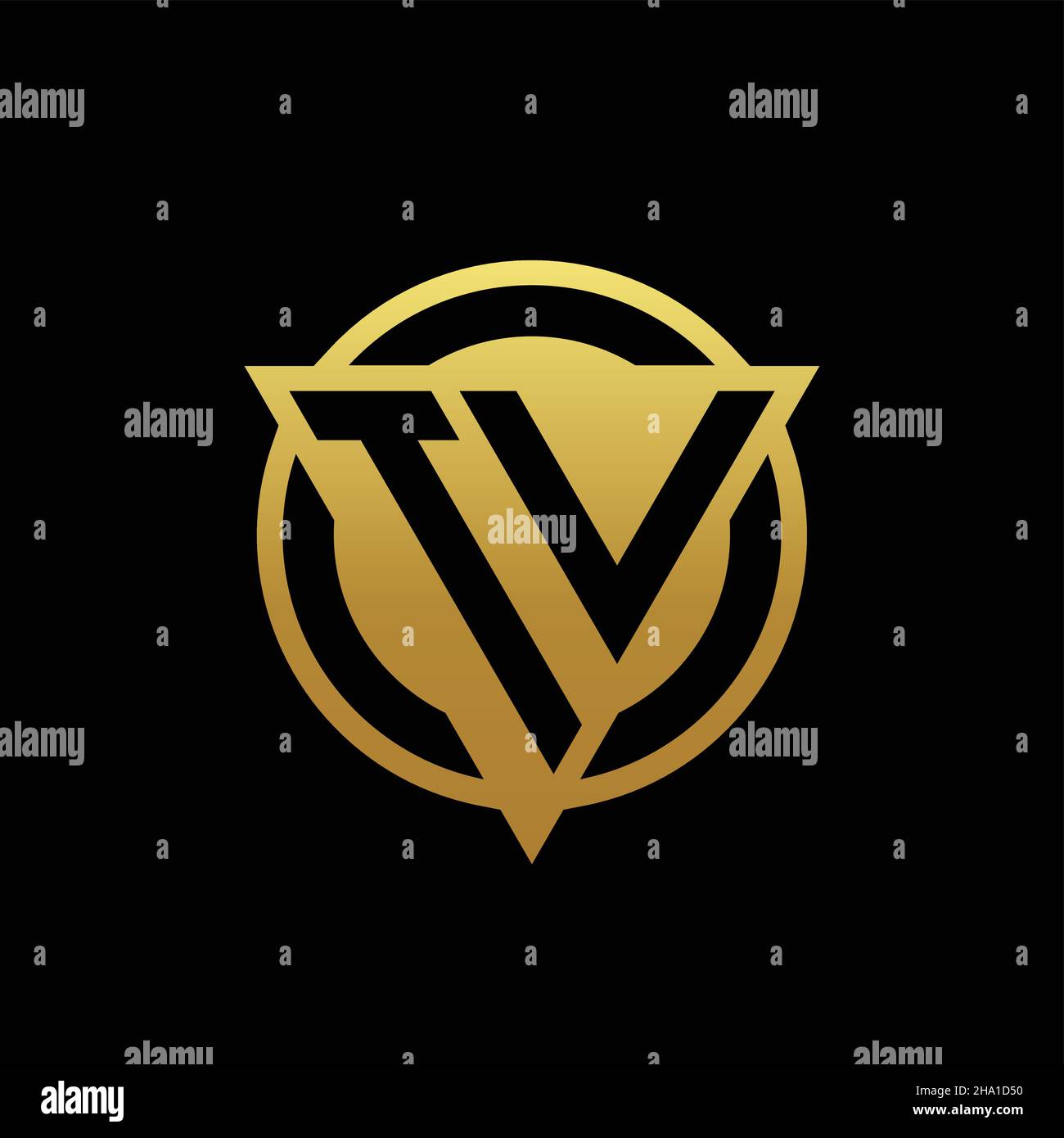 TV logo monogramma con forma triangolare e cerchio arrotondato stile isolato su oro colori e nero sfondo modello Illustrazione Vettoriale